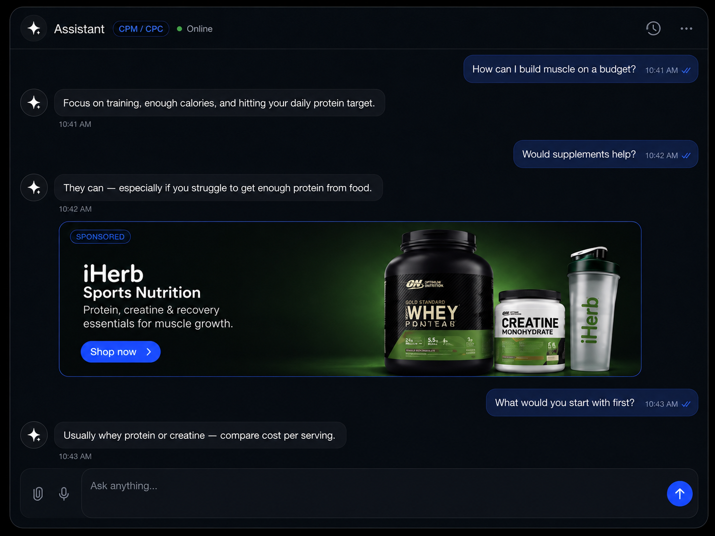 Example of a sponsored banner placement inside an AI chat conversation